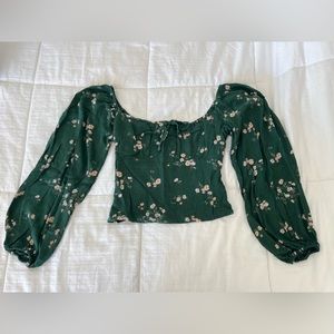Abercrombie Long-Sleeve Tie-Front Puff Sleeve Top in Green Floral